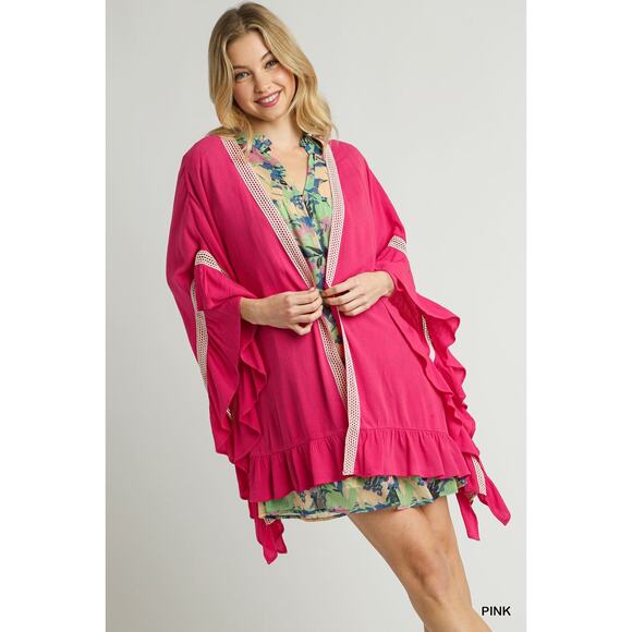 Umgee Ruffle Trim Delicate Crochet Lace Accents Loose Open Front Kimono | Pink - Picture 2 of 5